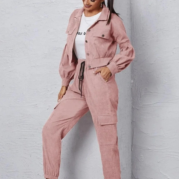 . Jackets & Blazers - Dusty Pink Corduroy Flap Detail Jacket With Tie Front Cargo Pants